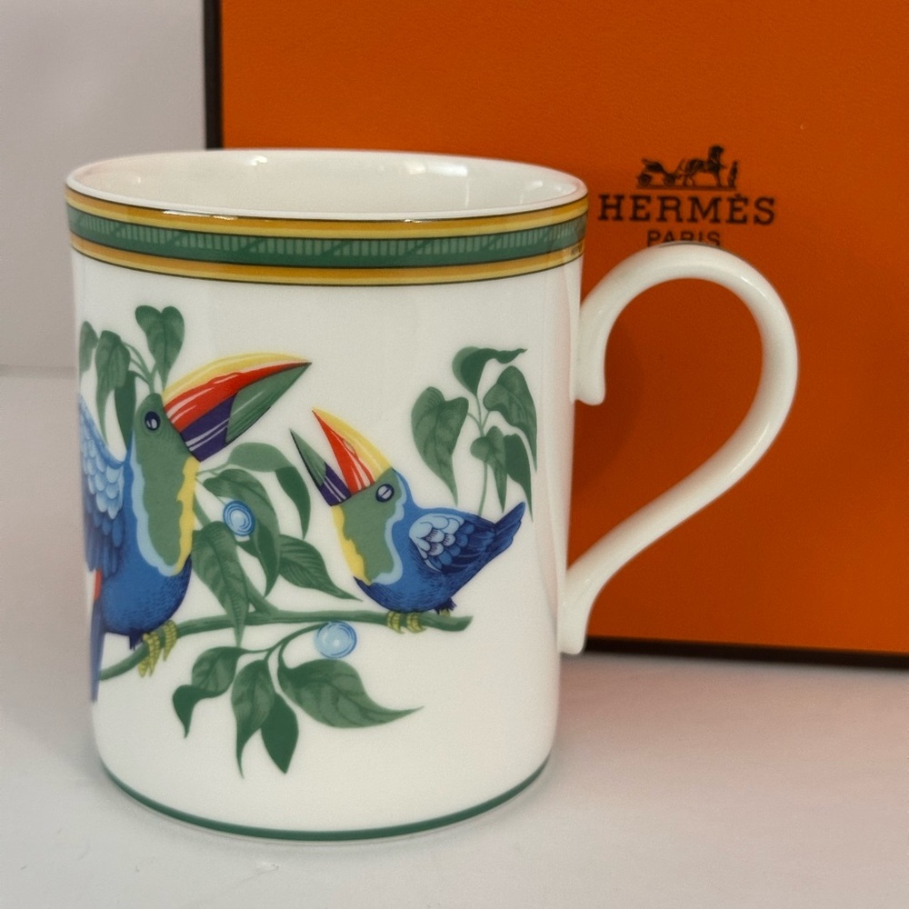 HERMÈS PARIS Toucans Bird Porcelain Mug Cup Vintage 1998 Limited Edition